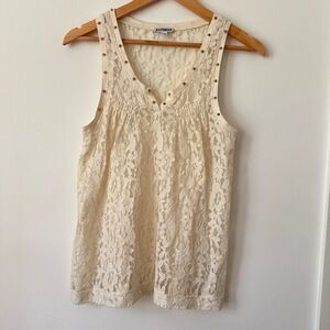 Cream Sheer Lace Tank Top Womens M Y2K Festival Soft Grunge Fairy Feminine Studs